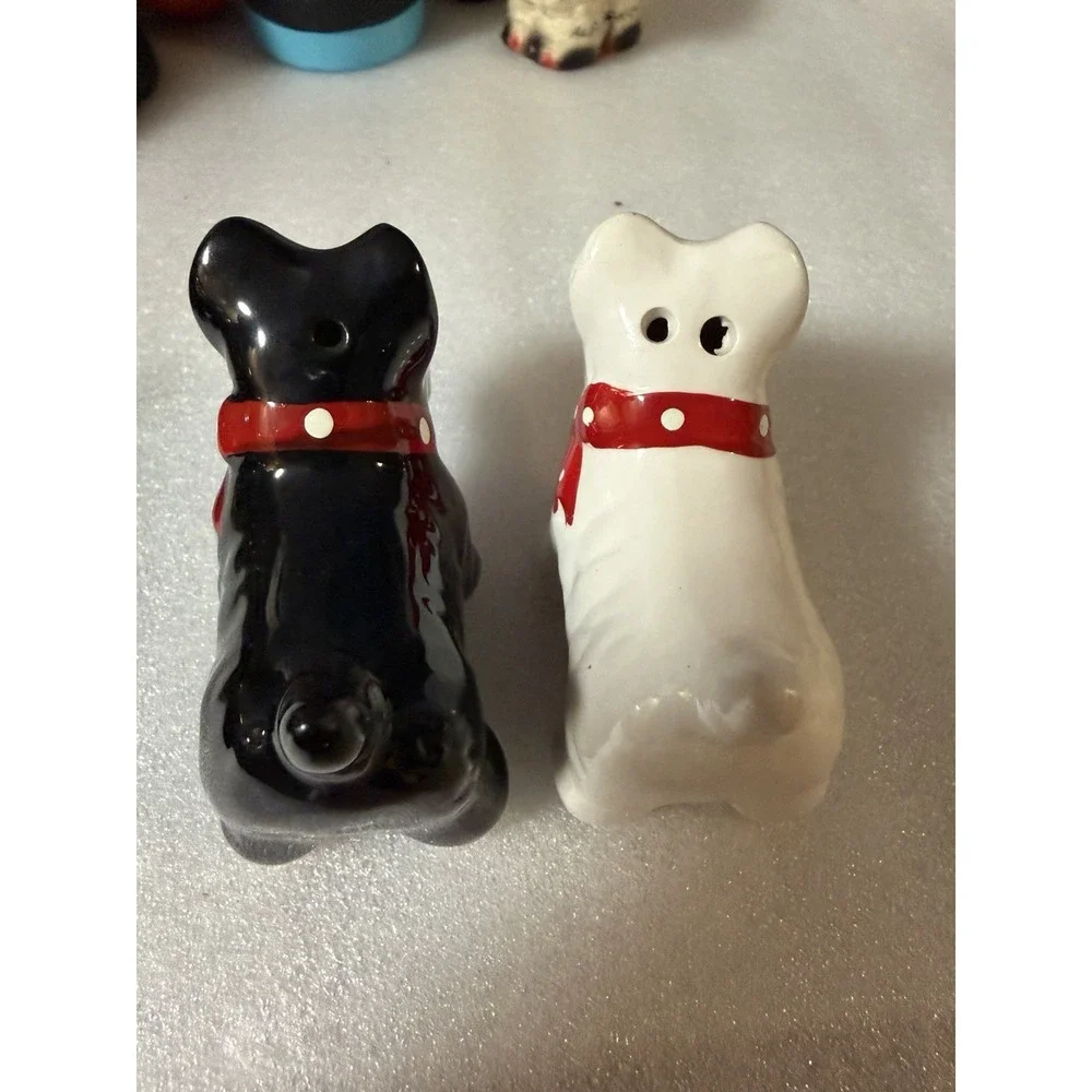 Vintage Japan Scottie Dog Salt Pepper Shakers Black White Red Polka Dot Bow